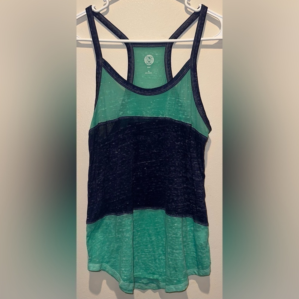 So Women's Relaxed Tank Top Blue Green Striped Racerback Lightweight‎ Size XS